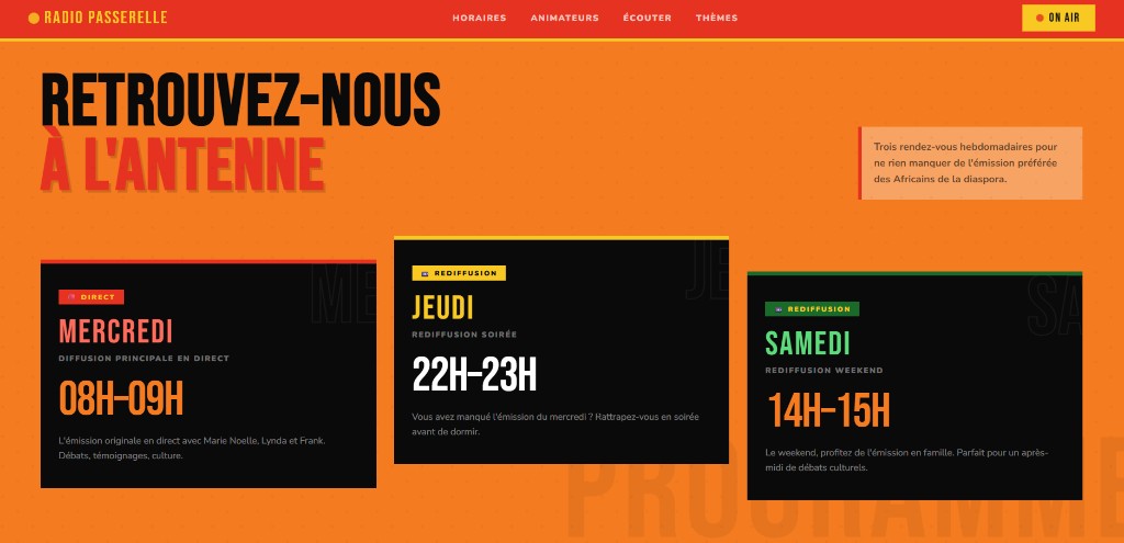 Aperçu du site Radio Passerelle — programmation et antenne